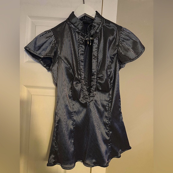 Vintage Silver + Black Zara Pinstripe Satin Blouse - Picture 2 of 3